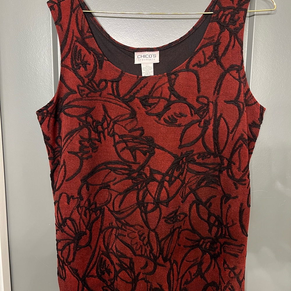 Chico's Travelers Red -Black Top size 2 ( large) velvet burnout. Dark Romantic